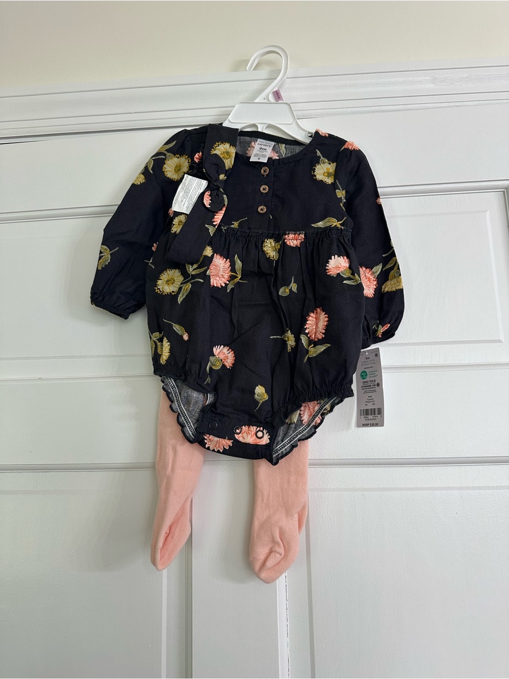 Carter's Black Floral Romper with Pink Tights